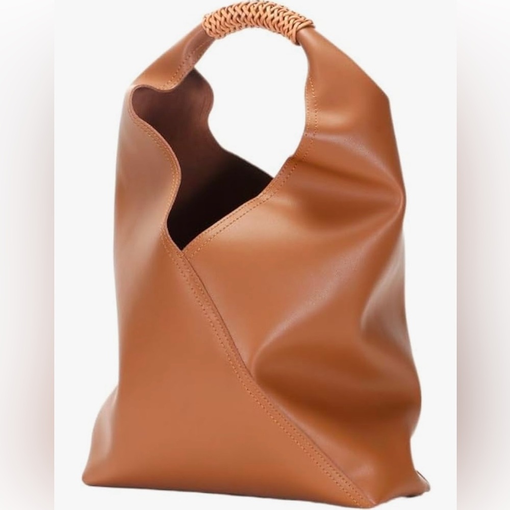 Brown Large Leather Woven Handle Bucket Handbag